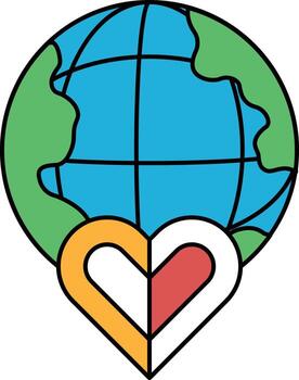 A heart is drawn on a globe, with the globe being the center of the heart vector