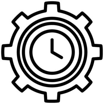 Clock within a gear outline represents process efficiency and timing vector