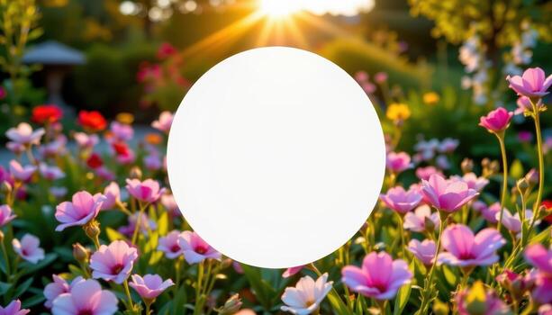 bright petals form empty circle for text, glowing softly beneath calm golden afternoon sunlight in peaceful garden. photo