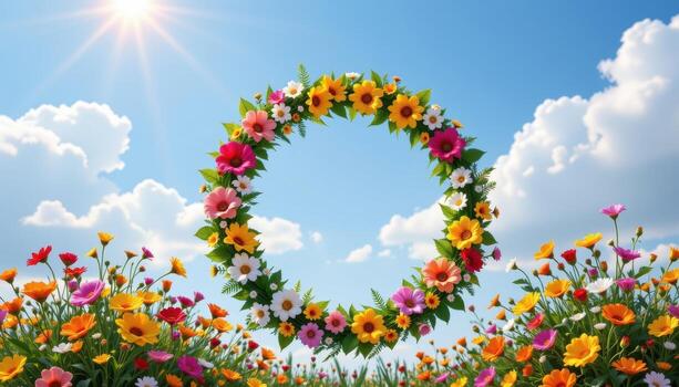 a wreath of colorful flowers surrounds empty circle for writing, radiant beneath calm soft golden daylight sky above. photo