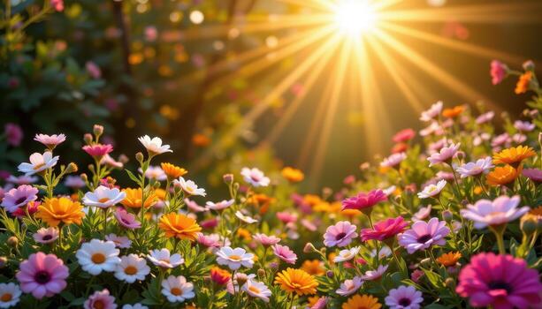 radkiant flowers create circular blank for text, colors shining softly beneath calm golden sunlight in peaceful garden. photo