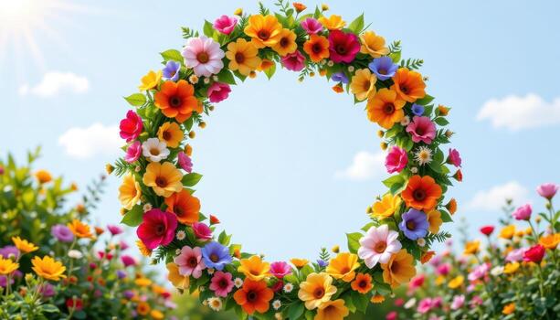 a wreath of vivid flowers frames blank round area for text, glowing warmly beneath calm soft sunlight above garden. photo