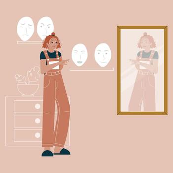 An illustration of a woman looking at her reflection, confused while choosing a mask with a different emotion such as happy, sad, angry from a shelf vector