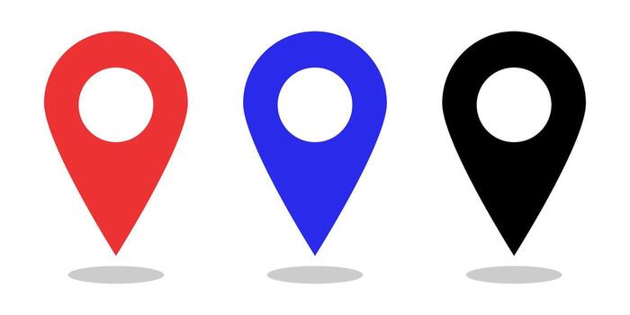 Set of location pin icons in red, blue, and black. Perfect for maps, GPS navigation, travel guides, mobile apps, and modern infographics. vector