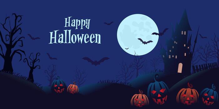 Halloween web banner with castle,moon,pumpkins and trees. vector