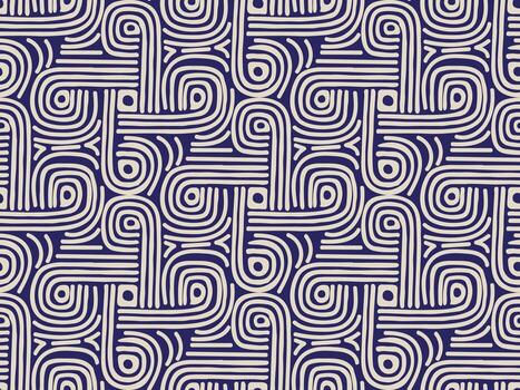 un vibrante, resumen modelo presentando entrelazando crema líneas en un profundo Armada fondo, creando un rítmico, fluido diseño, superficie diseño. vector