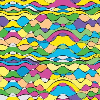 A vibrant abstract pattern featuring wavy lines and colorful shapes in blue, pink, green, yellow, and purple arranged in a rhythmic design, surface print can use in dress, pillow and curtains. vector