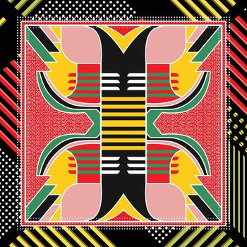 A vibrant geometric abstract design featuring bold red, yellow, green, and black patterns with intricate symmetrical shapes. vector