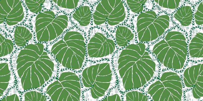 A pattern of large green leaves with bold, white veins, set against a textured white background with subtle decorative elements. vector