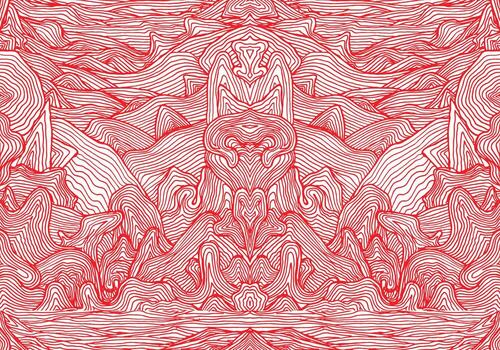 Abstract red line art depicting flowing waves and mountains, creating a dynamic, textured landscape with intricate patterns on a white background vector