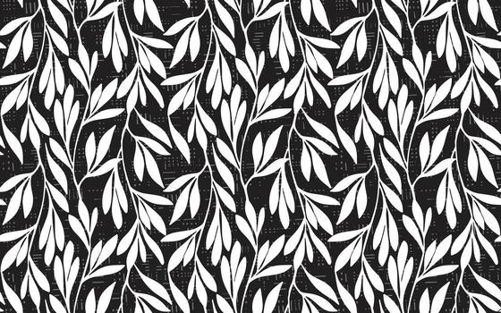 seamless pattern of white leaves on a black background, with subtle textural elements design. vector