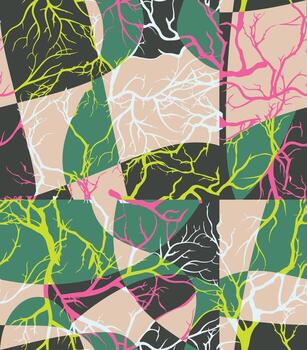 An abstract pattern featuring brightly colored tree like branches intertwining over a grid of soft pastel and dark shapes, light and dark color background. vector
