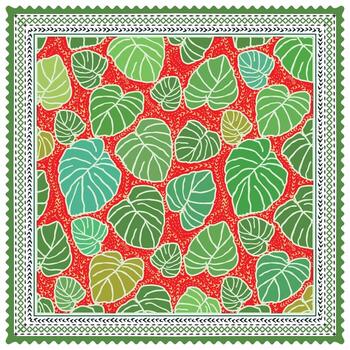 A square scarf, vibrant pattern of various green leaves on a red background, frame with decorative borders in green and white. vector