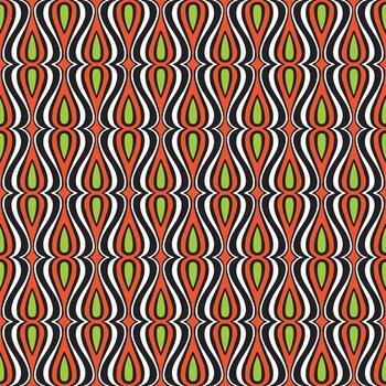 A vibrant textile pattern featuring flowing swirls in orange, green, black, and white, creating a retro, wave-like design. vector