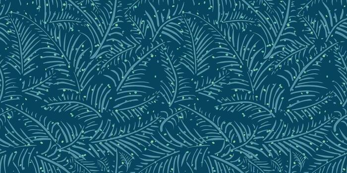 A seamless pattern of stylized green leaves on a deep teal background, with small dots adding texture and depth, print can use in dress, curtain and bed sheet vector