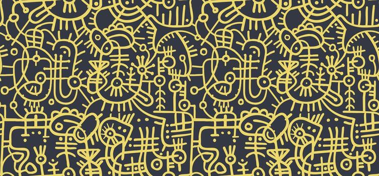 A complex line art pattern of abstract yellow line drawings on a dark background, geometric shapes. vector