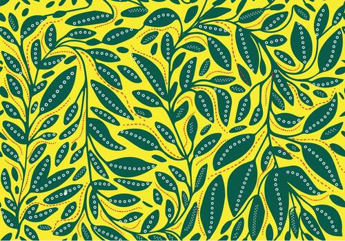 A vibrant yellow background adorned with intricate green leaf patterns and dotted lines, surface design print pattern. vector