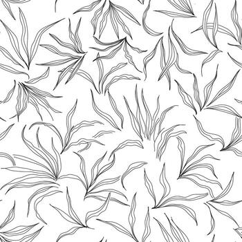 cuadrado negro y blanco línea Arte hoja, botánico modelo presentando intrincado contornos de varios hojas en contra un contrastando en un negro fondo, superficie diseño. vector