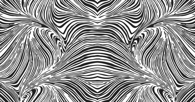 Abstract black and white pattern with swirling, wavy lines resembling zebra stripes, creating a dynamic and fluid visual effect. vector