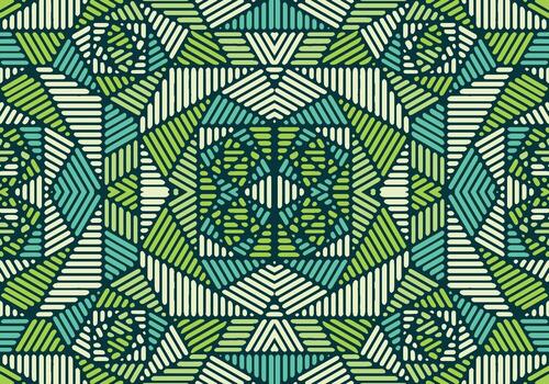 A vibrant geometric pattern in shades of green and turquoise, featuring intricate shapes and lines arranged in a symmetrical design. vector