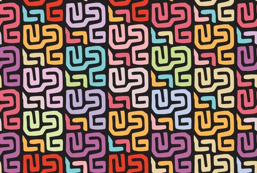 A vibrant hand drawn, abstract geometric pattern featuring interlocking, colorful shapes on a dark background, creating a dynamic visual effect. vector