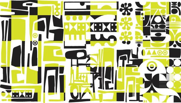 un vibrante resumen modelo presentando negrita negro cuadrado formas intercalado con brillante Lima verde y blanco elementos, creando un dinámica visual. vector