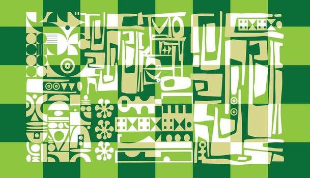 A vibrant abstract composition featuring geometric shapes and patterns in white and shades of green, creating a dynamic visual texture, look like a tribal shape motif on monochrome effect. vector