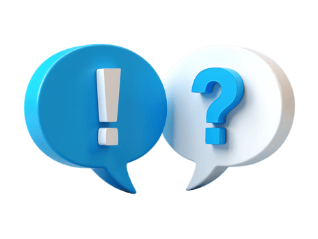 två 3d Tal bubblor ett med en blå fråga mark och annan med en vit utrop punkt isolerat på transparent bakgrund png