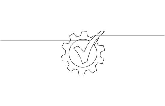 Continuous One line drawing of Gear with Green Checkmark inside, Single line art of Gear and Tick mark. vector