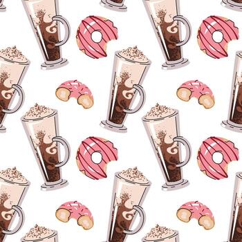 café y rosquilla sin costura modelo con plano diseño. ideal para bebida marca, comida embalaje, social medios de comunicación gráficos, sitio web antecedentes y digital Arte proyectos vector