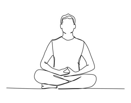 Continuous line art of man sitting in a pose for meditation and breathing practices, relaxation concept, yoga class, calmness, simple physical activity. vector