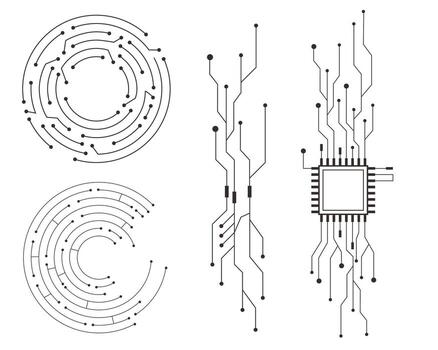 Set Circuit board circle line dots connection. Motherboard electronic technology data, electrical board, cpu. Innovative Electronic Network. Technology background, design elements vector