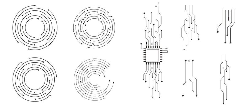 Set Circuit board circle line dots connection. Motherboard electronic collection technology data, electrical board, cpu. Innovative Electronic Network. Technology background, design elements vector