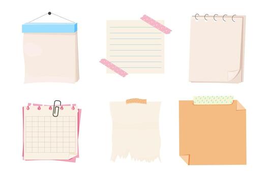 Note papers, memo pages with paper clip and adhesive tape. Set sticky remind blanks, sheets, stickers. Checklist ripped torn edge paper. vector