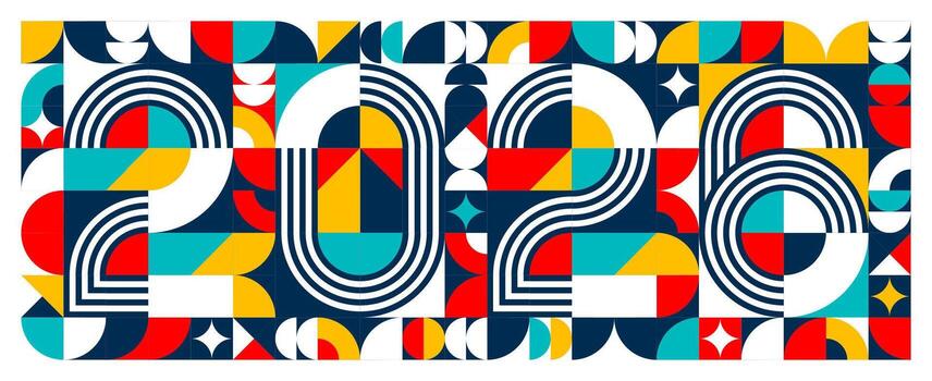 2026 new year banner with retro geometric pattern vector