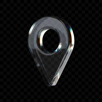 3D transparent glass location pin icons with holographic refraction. GPS and navigation sign in modern morphism style. vector