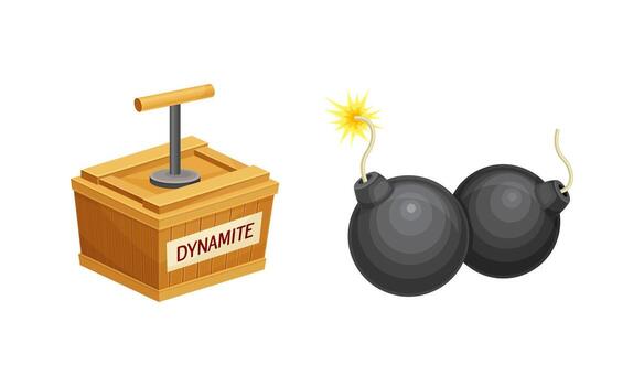 Dynamite Box and Round Black Bomb as Explosive Material with Ignited Cable or Fuse Set vector