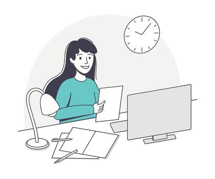 Smiling Girl School Pupil Doing Homework Sitting at Desk Studying with Computer and Sheet of Paper Illustration vector