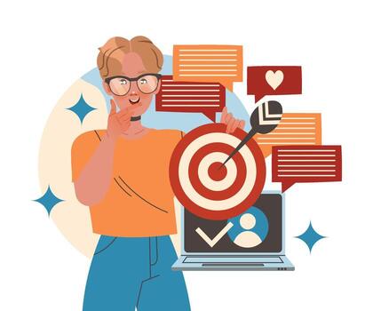 Man Character Working with Information Hitting Center of Target Analyzing and Browsing Data Illustration vector