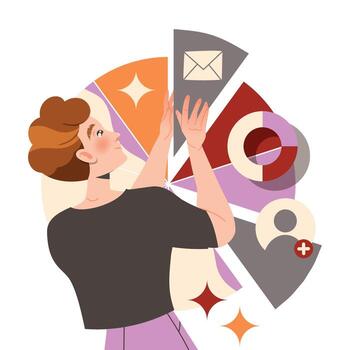 Man Character with Pie Chart Working with Information Analyzing and Browsing Data Illustration vector