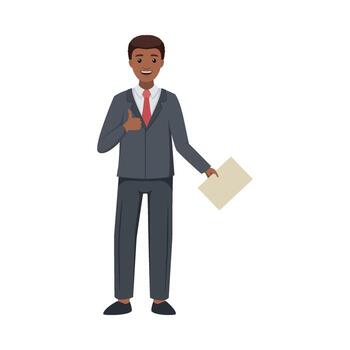 Office African American Man Character in Suit and Red Tie Standing with Paper Document and Showing Thumb Up Illustration vector