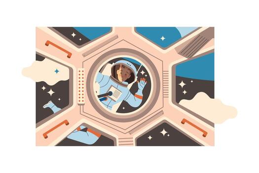Man Astronaut Character in Outer Space in Spacesuit Looking in Porthole of Shuttle Illustration vector