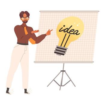 Man Employee Near Whiteboard with Light Bulb Presenting Smart Idea and Solution Illustration vector