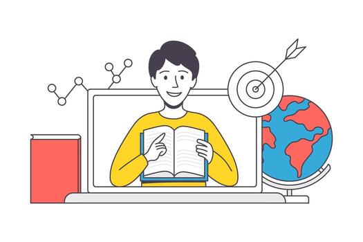 Online Learning with Man Instructor from Laptop Screen Teaching with Book Engaged in Virtual Classes Outline Illustration vector