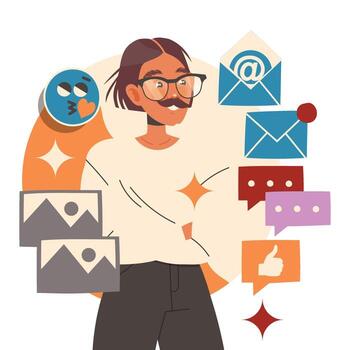 Man Character in Glasses Working with Information Analyzing and Browsing Data Illustration vector