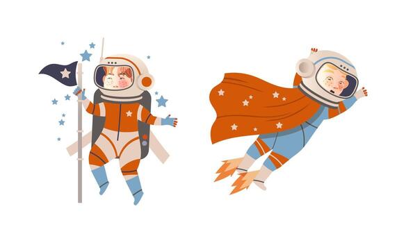 Boys in spacesuits flying with jetpack in outer space. Cute children dreaming of becoming astronauts illustration vector