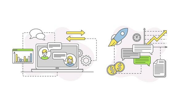 negocio y puesta en marcha desarrollo con computadora y gráfico línea composición conjunto vector