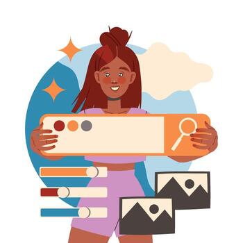 Woman Character Working with Information with Search Box Analyzing and Browsing Data Illustration vector