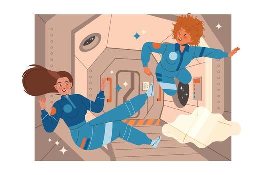 Woman Astronaut Character in Outer Space in Spacesuit Flying on Space Shuttle Illustration vector