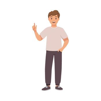 sonriente hombre personaje en casual pantalones en pie con elevado dedo teniendo idea ilustración vector
